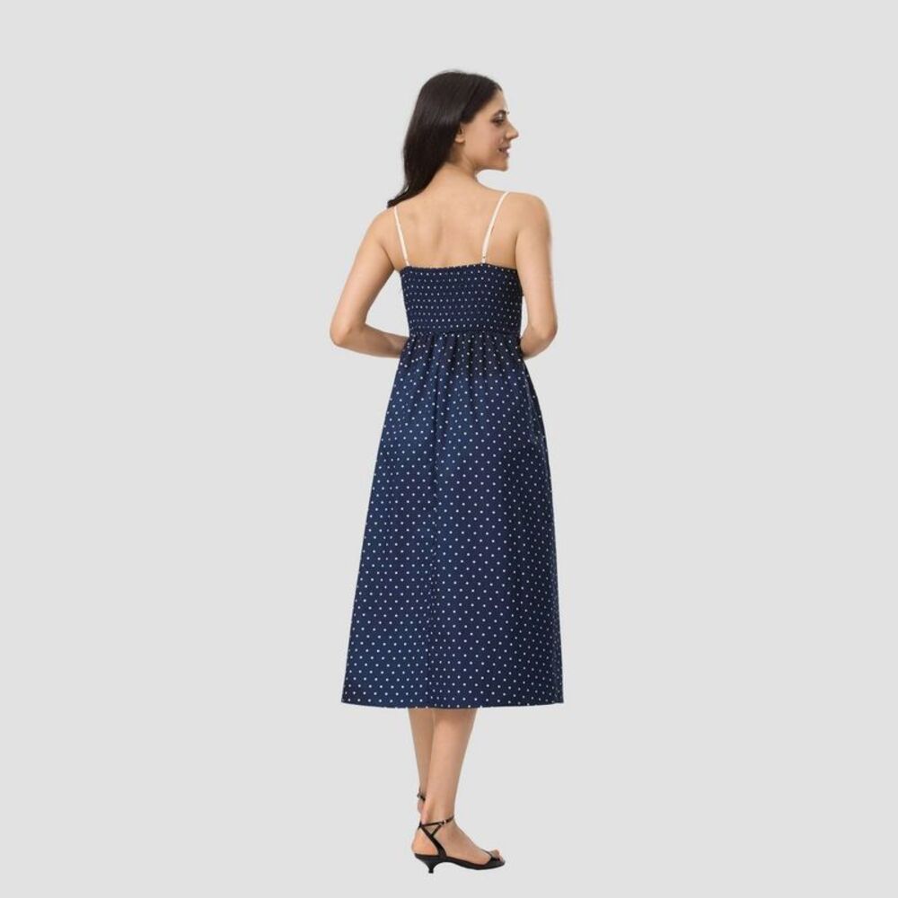 Women's Twist-Front Midi A-Line Dress - A New Day Navy Blue Polka Dots L - Picture 2 of 3